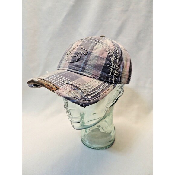 True Religion Pink Blue Madras Cotton Metal Accent Distressed Hat OSFA RARE NWOT - Picture 2 of 10